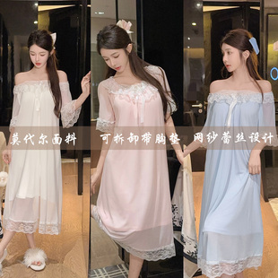 短袖 白色带胸垫睡裙女夏季 网纱公主风连体睡衣宫廷蕾丝花边可外穿