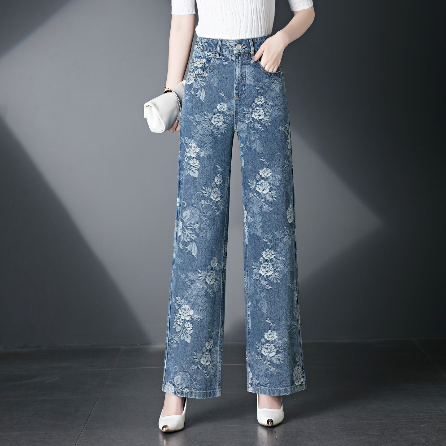 提花窄版阔腿牛仔裤女春秋季新款高腰显瘦直筒长裤中年女士花裤子