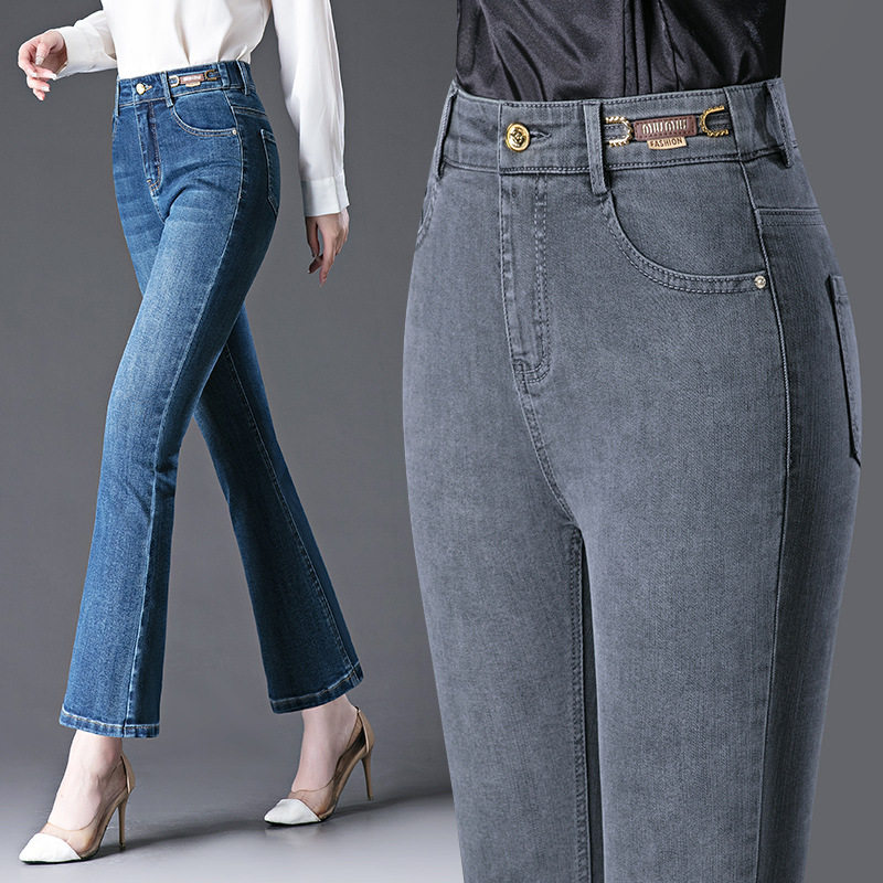 烟灰色微喇牛仔裤女九分春秋季新款高腰弹力小个子中年妈妈牛仔裤