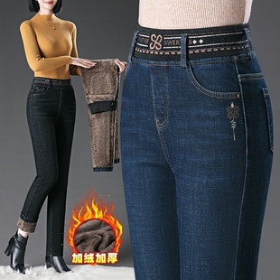 冬季新款松紧腰牛仔裤女加绒小直筒弹力宽松显瘦妈妈加厚长裤大码