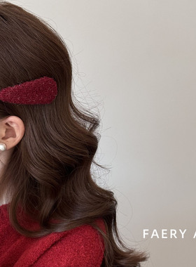 Faery Acc 复古红色毛绒发夹女高级发饰圣诞新年发卡刘海侧边bb夹