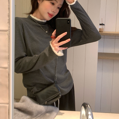 加绒加厚蕾丝花边半高领打底衫