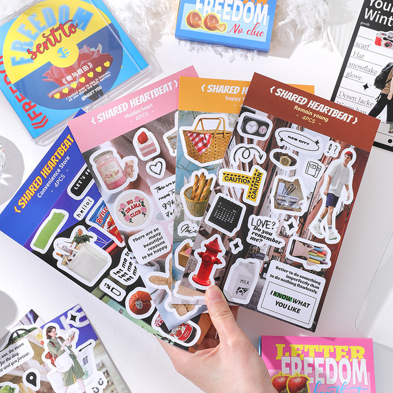 共享心跳手账贴纸ins杂志英文小熊盐系手帐造景拼贴装饰素材贴画