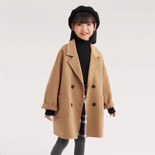 男童女童双面羊绒大衣2025秋冬新款儿童西装领中长款加厚毛呢外套