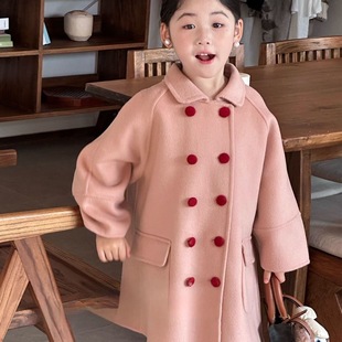 2025新款秋冬季儿童粉色呢子大衣中长款女童毛呢外套加厚宝宝洋气