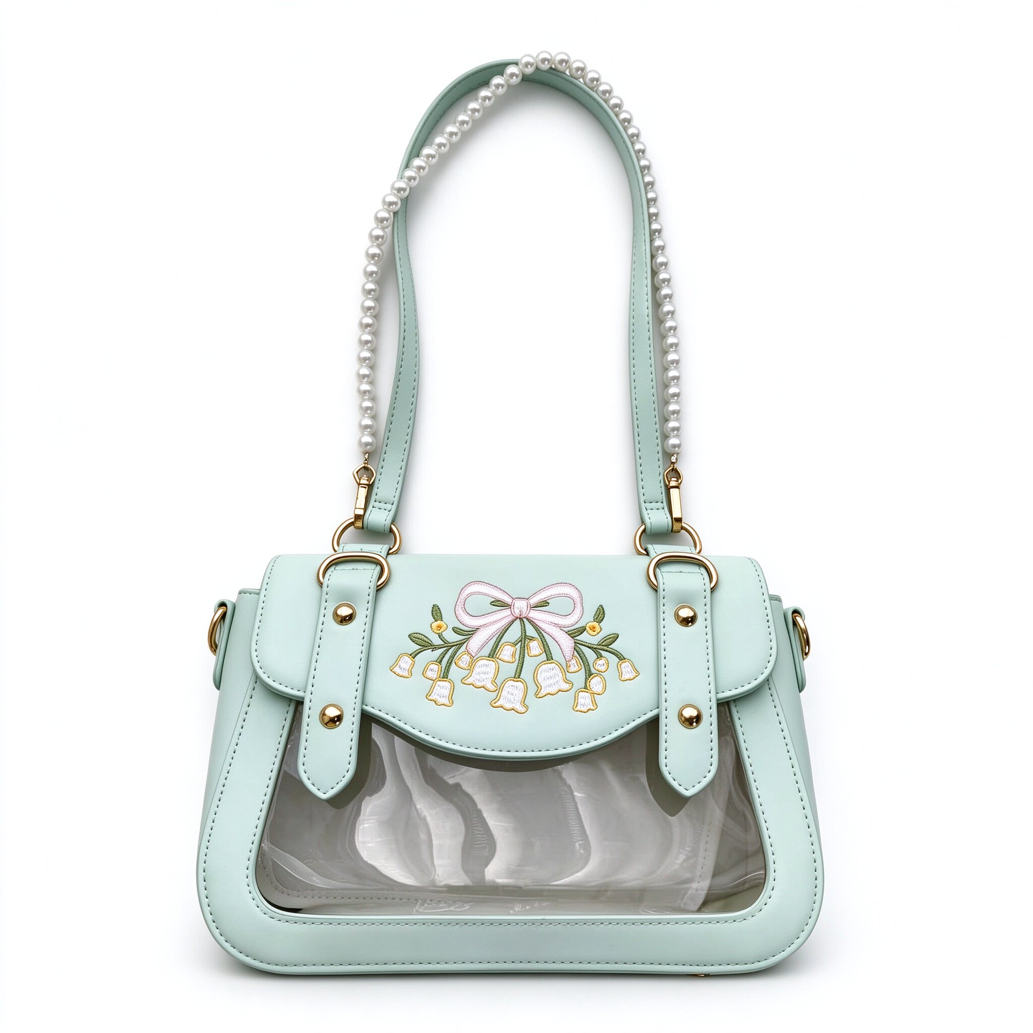 thumbnail for Milk tea bear lily of the valley transparent layer pain bag pearl chain small pain bag single shoulder bag crossbody bag handbag three-use