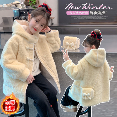 女童冬季加绒加厚中长款毛呢外套