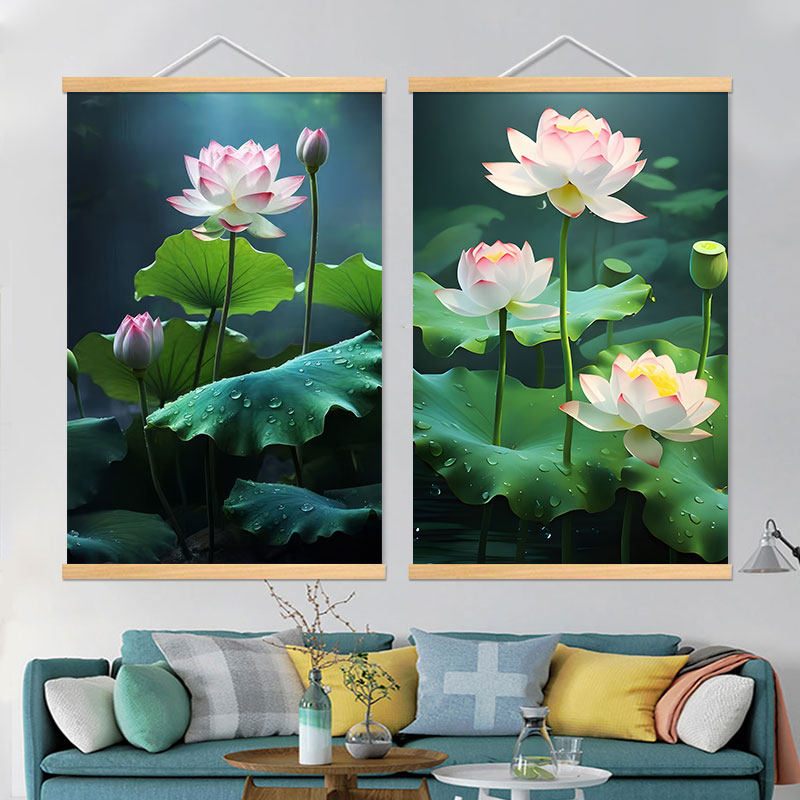 荷花净秽新中式简约装饰画白莲花荷叶挂画中堂背景玄关书房墙壁画