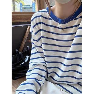 HLY2025早秋新款 女上衣 韩版 宽松休闲慵懒风圆领条纹拼接针织开衫