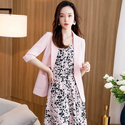 春夏薄款高级西装套装女神范职业两件套减龄气质中袖碎花连衣裙女