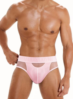 透明网纱拼接螺纹棉男士三角内裤浮雕文腰带性感趣味透气舒适短裤