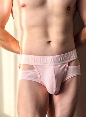 螺纹棉男士内裤三角裤腰部镂空高弹U凸大囊袋透气运动粉色短裤头