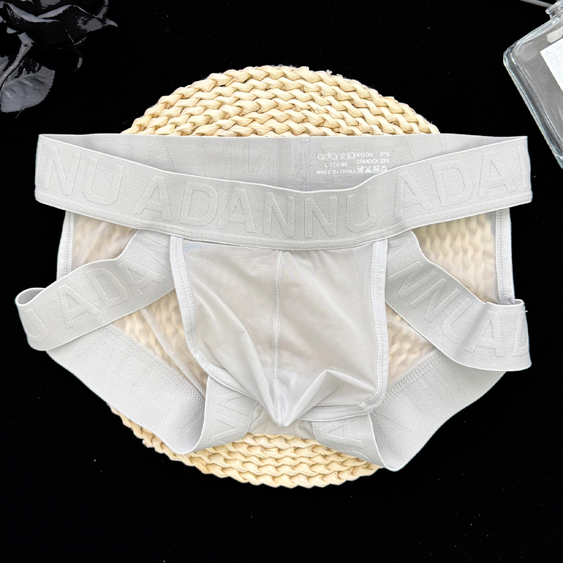 透明网纱腰部镂空性感三角内裤男