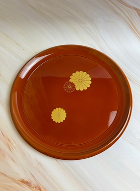 日产橘色大漆 金莳绘16瓣金菊标 茶托盘漆器 壶承 果盘 传统工艺