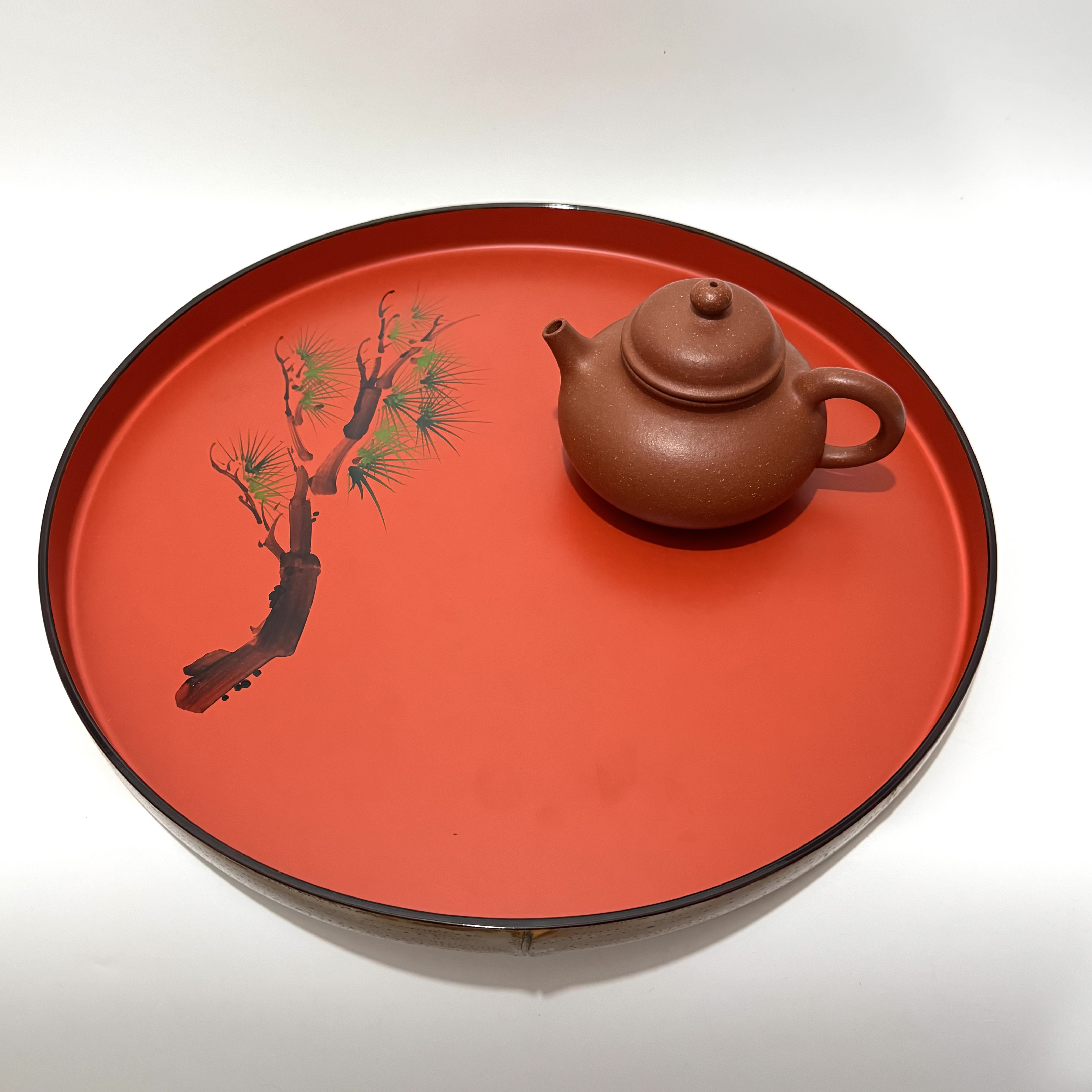 日本原产 大漆赤盘 纯竹制 松柏树 茶盘漆器 托盘 壶承 果盘 茶具