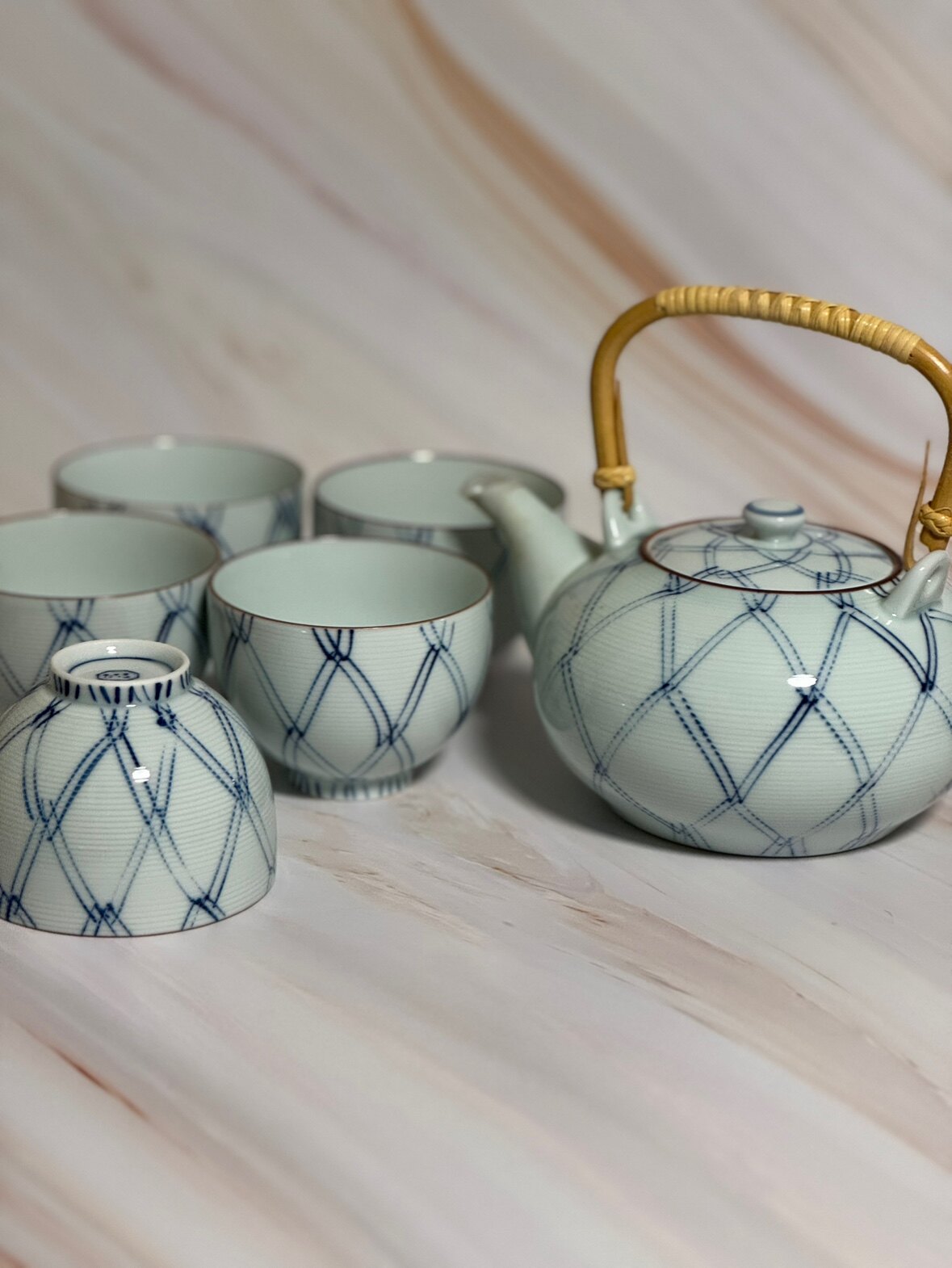 橘吉 青花 手绘网纹一壶五杯高品质细腻瓷质整套茶具日本原产日瓷