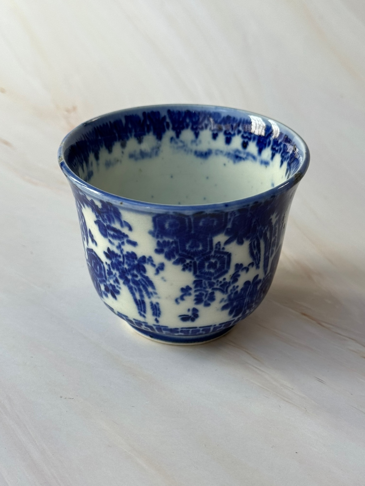 日产中古老柴烧瓷器 老青花敞口压手杯 满手绘老底足 主人杯 茶具