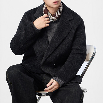 100%绵羊毛双面呢男士中长款外套高端气质秋冬季毛呢大衣呢子风衣