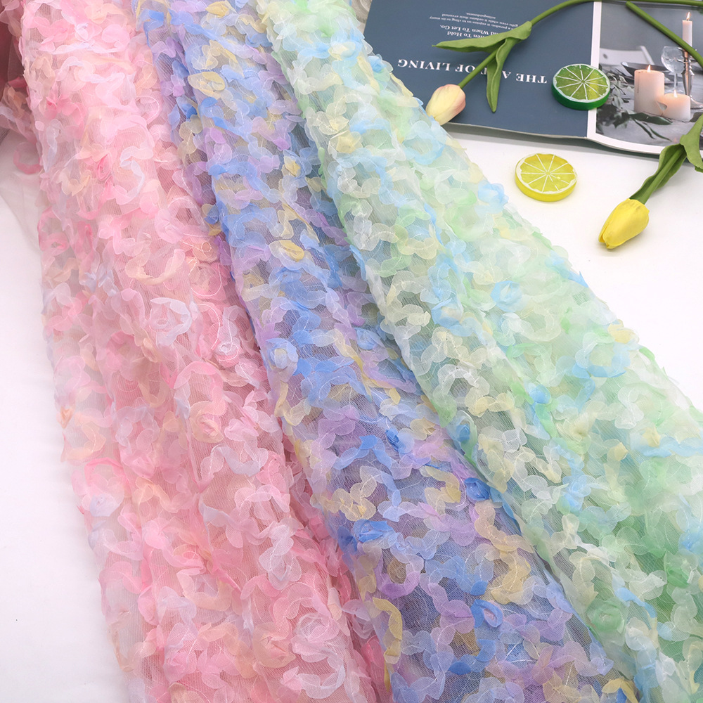 渐变色雪纺盘带玫瑰花绣花面料 女装童装连衣裙婚纱演出服布料