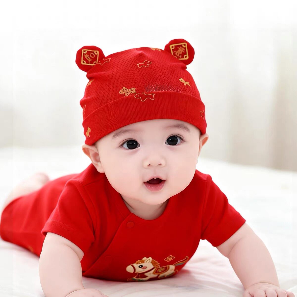 婴儿帽子红色夏季薄款胎帽喜庆护囟门帽婴幼儿新生儿满月网眼帽子