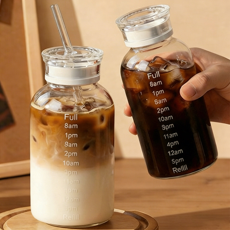 日本玻璃杯吸管咖啡杯外出携带高硼硅耐高温牛奶杯家用带盖水杯子图片