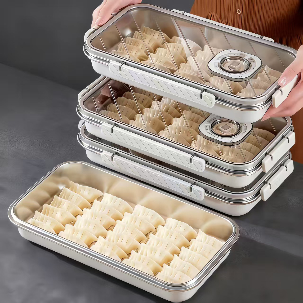 日本304不锈钢水饺保鲜盒混沌冰箱冷冻收纳盒包子馒头饺子长方形