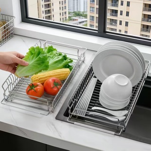 日本304不锈钢可伸缩沥水架厨房水槽洗菜篮碗碟置物架台面收纳架