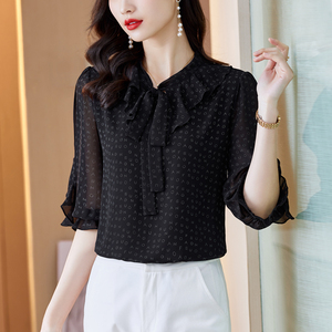 RM20954#漂亮时尚的衬衫女雪纺衫印花飘带七分袖黑色气质甜美别致法式上衣