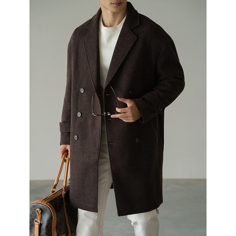 老钱风经典保暖翻驳领针织风衣男易打理加厚毛呢新款大衣 F9909