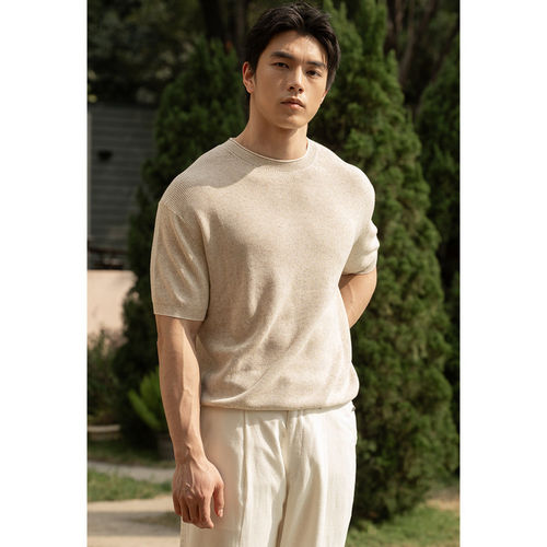 意式亚麻莱赛尔竖纹肌理针织衫男2026春季新款老钱风罗纹休闲毛衣