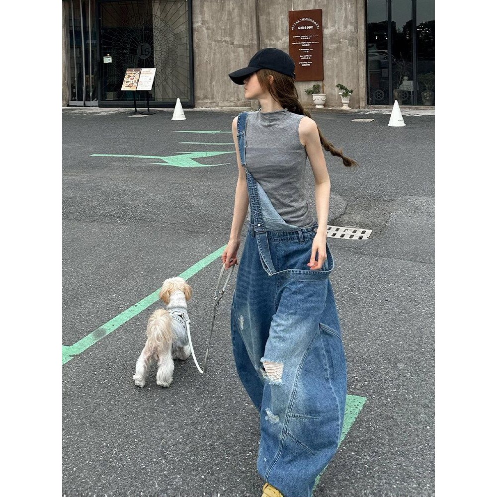 高个子加长时尚百搭背带裤女秋季牛仔裤