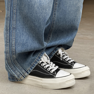 日系开口笑工装 隐形增高7CM经典 复古休闲百搭通勤耐磨板鞋 帆布鞋