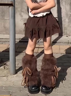 y2k蝴蝶结绑带毛毛袜套女秋冬中筒保暖显瘦腿套