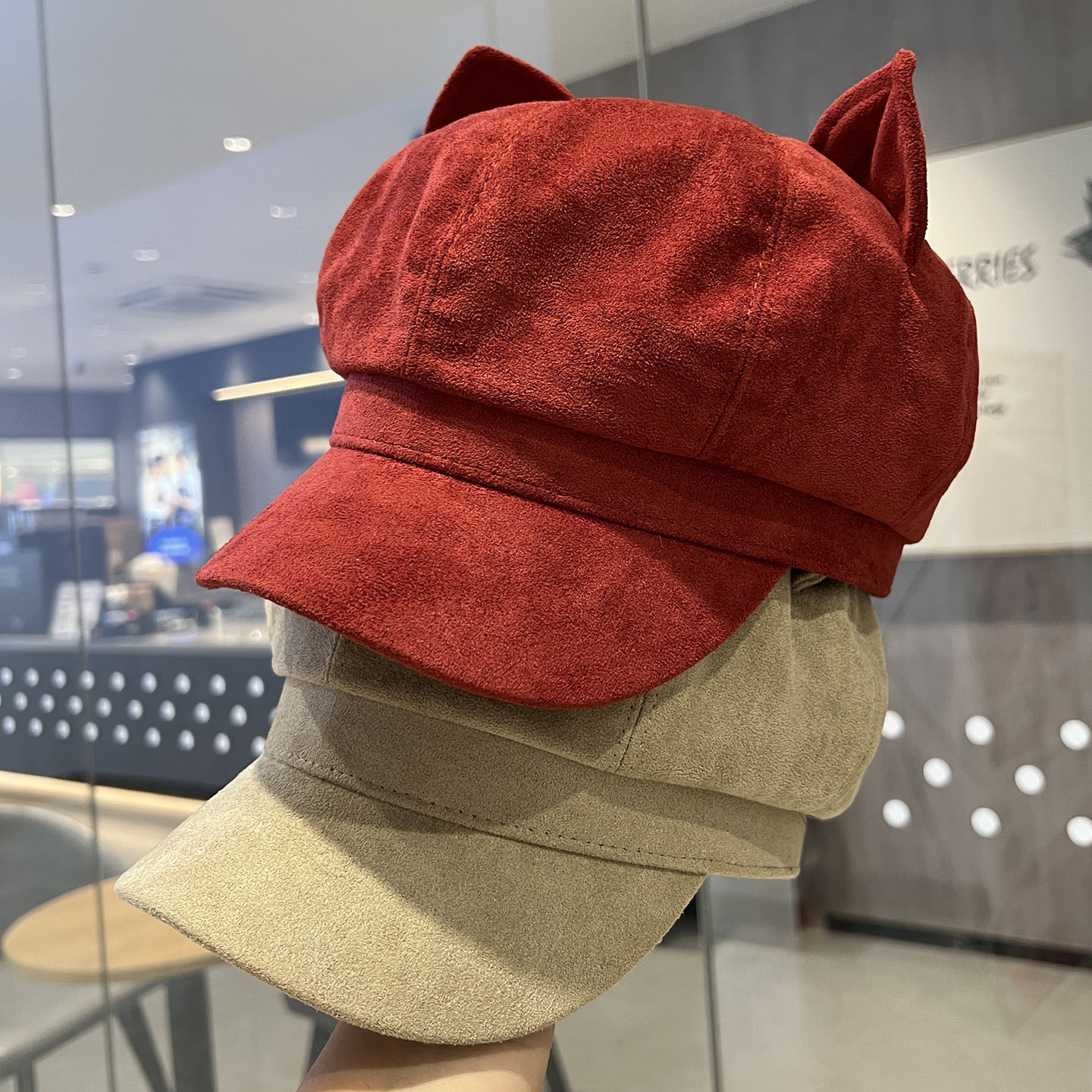 春秋新款猫耳朵麂皮绒八角帽可爱女生时尚百搭画家帽显脸小报童帽