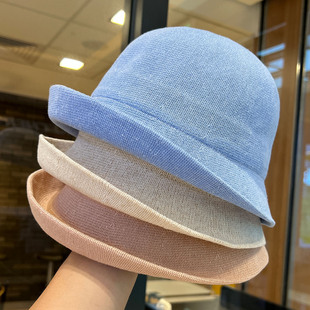 高品质简约轻薄透气亚麻渔夫帽女夏季百搭遮阳帽子卷边显脸小盆帽
