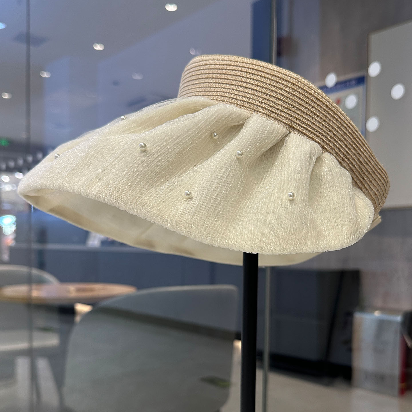 夏季新款大帽檐空顶帽女优雅珍珠轻薄透气遮阳显气质太阳帽可收纳