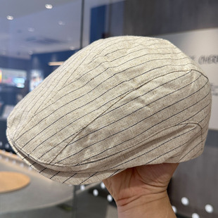 日系复古文艺麻布前进帽子女春夏季 条纹画家帽街头休闲百搭报童帽