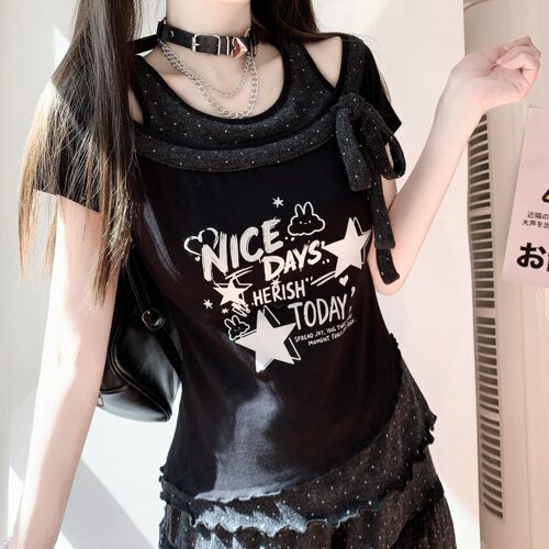 古早波点露肩印花短款T恤女显瘦