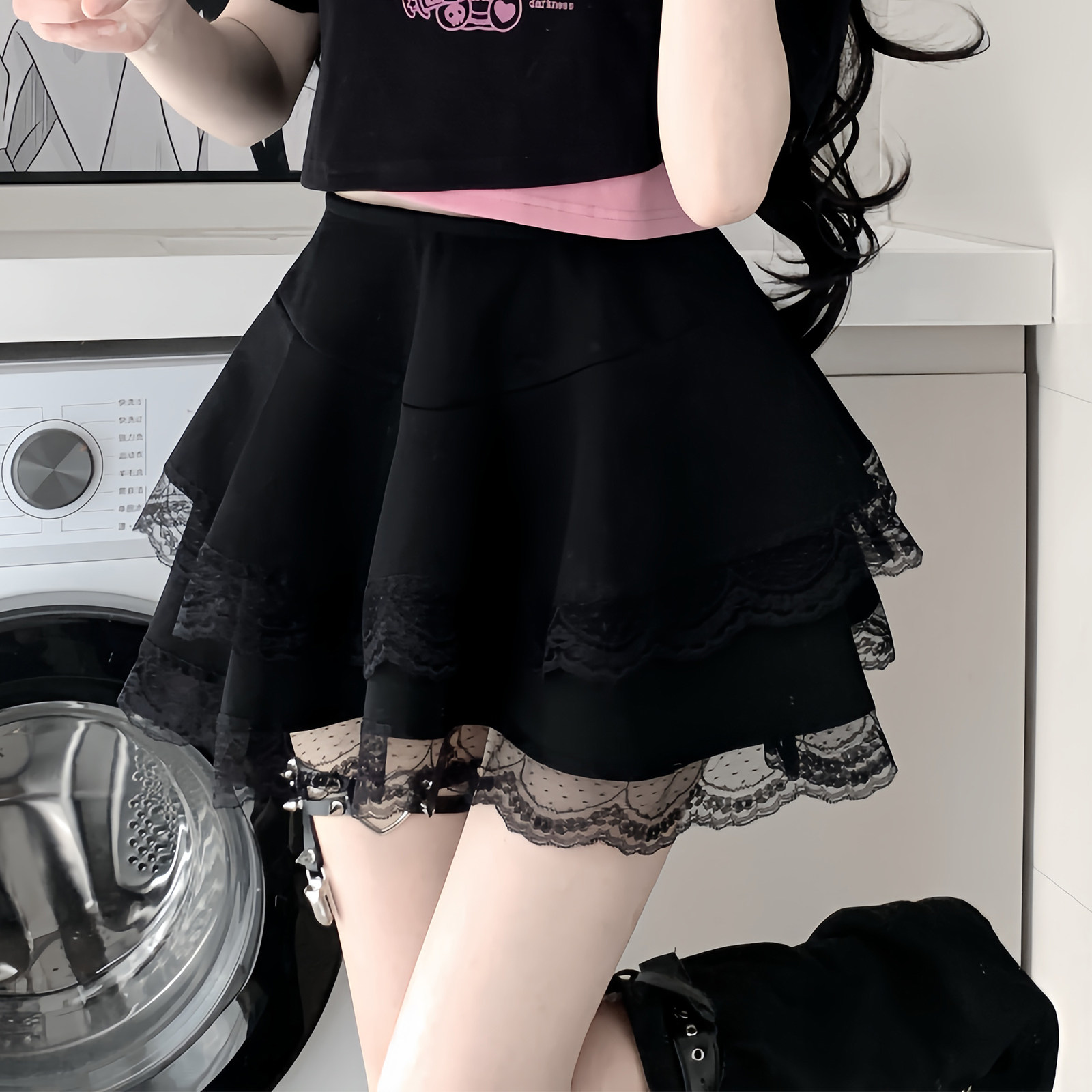 西洋果子原创春夏黑色半身裙女蛋糕裙甜辣亚文化辣妹短裙百搭显瘦