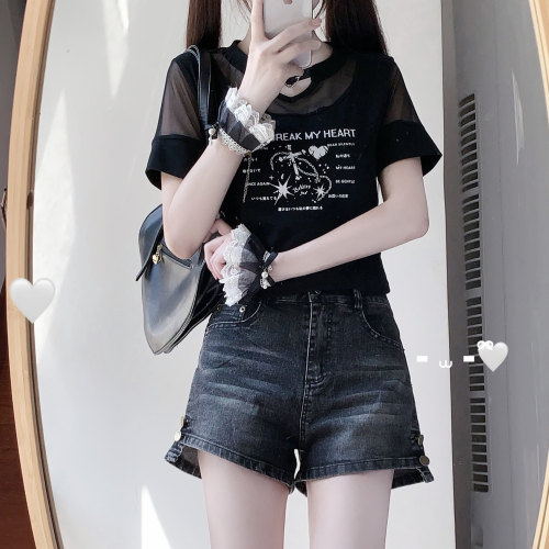 美式辣妹字母网纱短袖修身上衣女