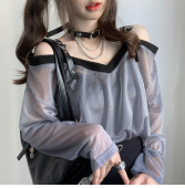 防晒透衫 外套长袖 梦游爱神露肩网纱皮扣吊带T恤薄款 西洋果子原创