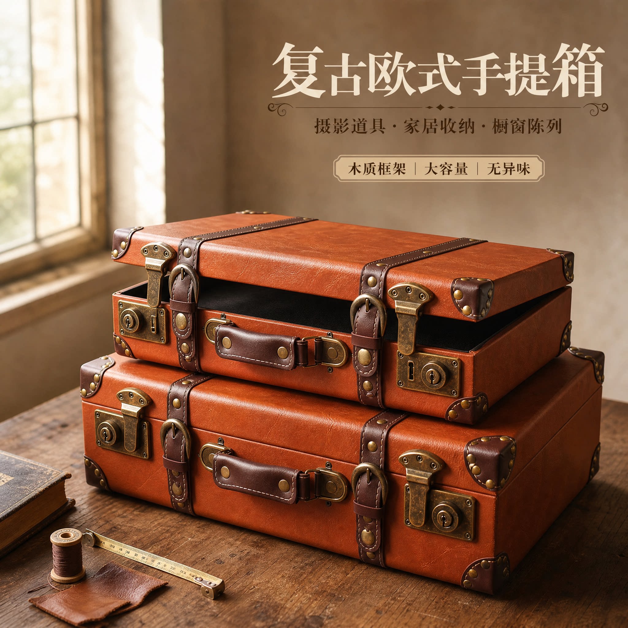 复古老钱风皮革手提收纳箱图片
