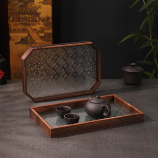 长方形海棠花玻璃托盘复古手工茶盘轻奢木质水杯收纳盘家用餐盘