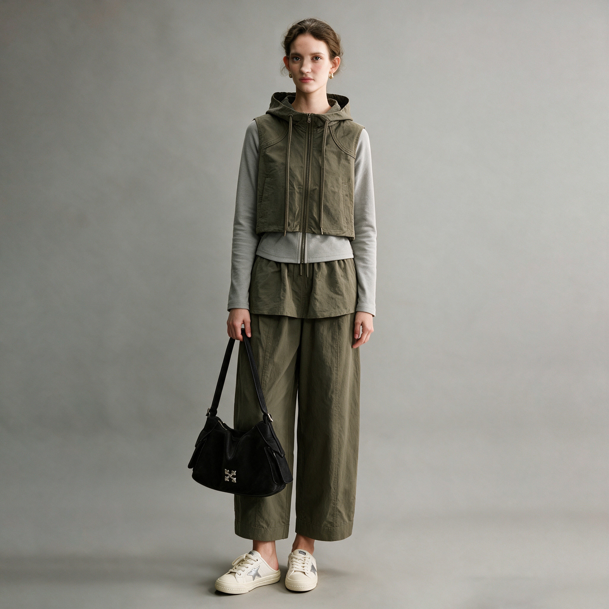 韩系运动服套装女2026秋新款假两件连帽拼接拉链上衣九分裤两件套