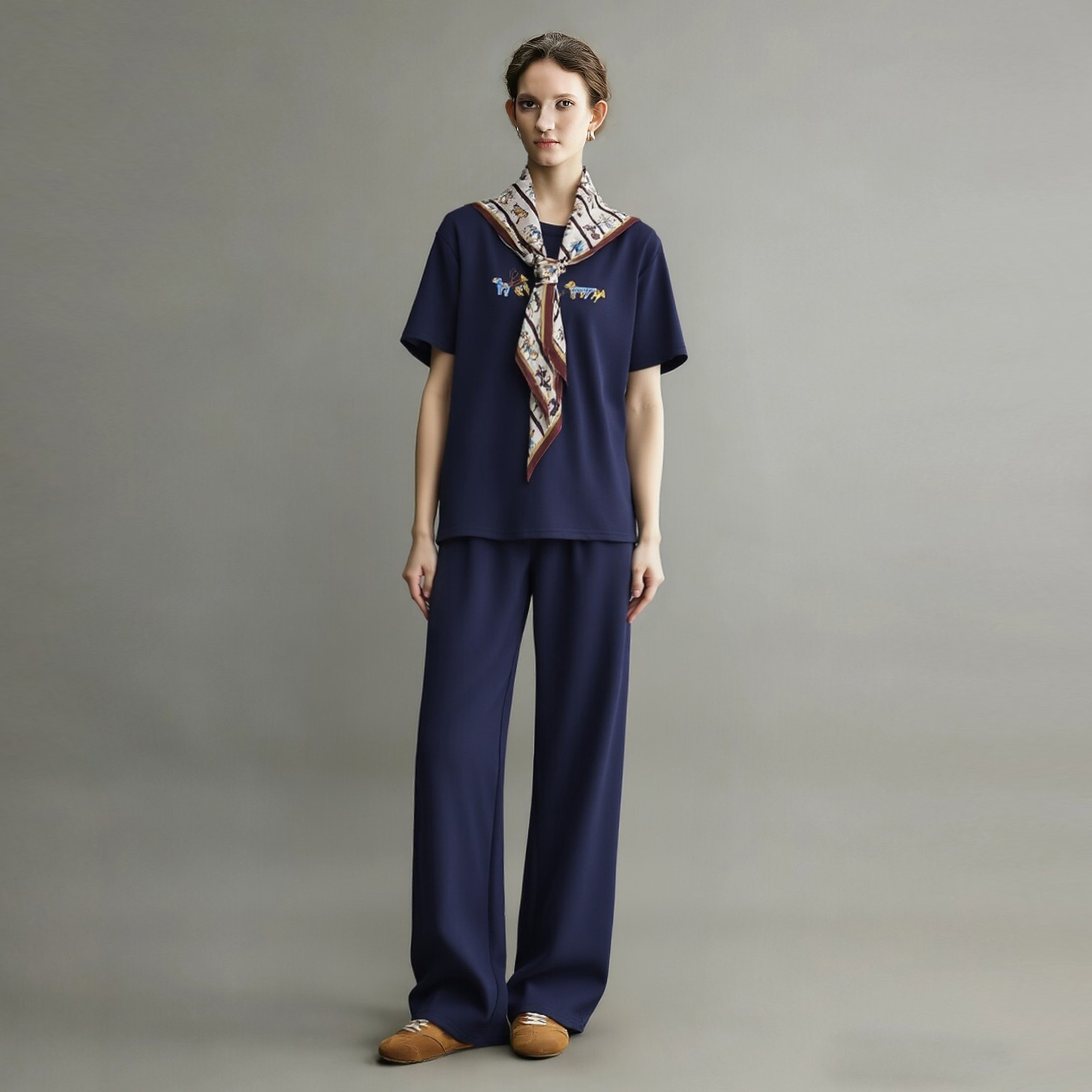 休闲运动套装女2026夏季流行穿搭一整套丝巾短袖T恤阔腿裤三件套