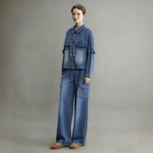 好看休闲阔腿裤 牛仔套装 超火复古高级感时尚 新款 两件套 女2026春季