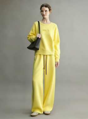 运动休闲套装女2026冬季一整套穿搭高级感黄色加绒加厚卫衣两件套