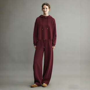 连帽卫衣弯刀裤 巨好看 休闲两件套 女2026早春新款 酒红色运动套装