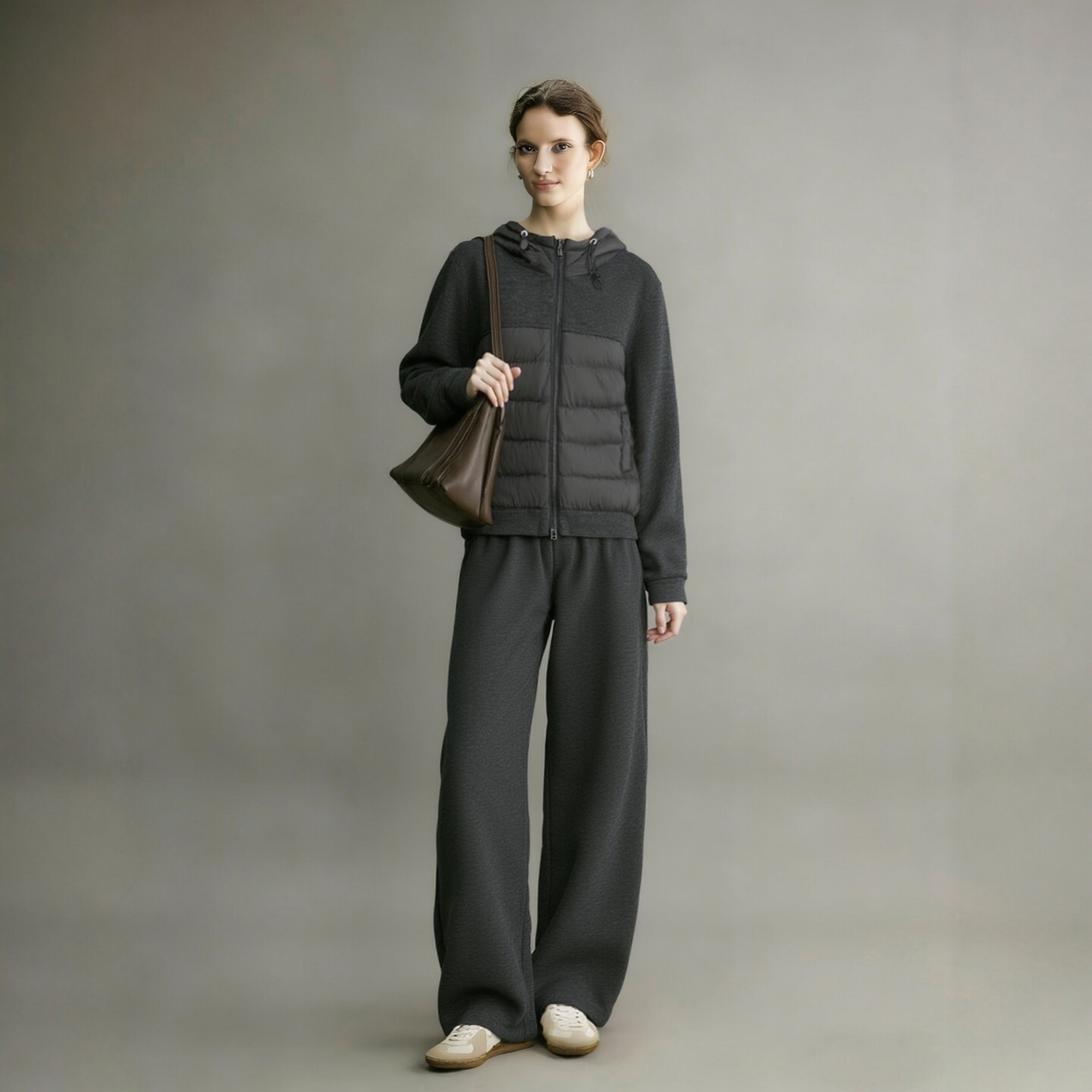 冬季加绒运动棉服套装女2025气质穿搭整套高级感深灰色连帽两件套