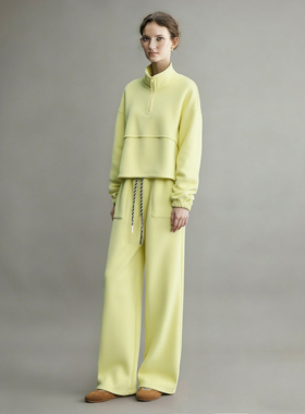 黄色运动套装女2026新款冬巨好看加绒半拉链卫衣阔腿裤休闲两件套
